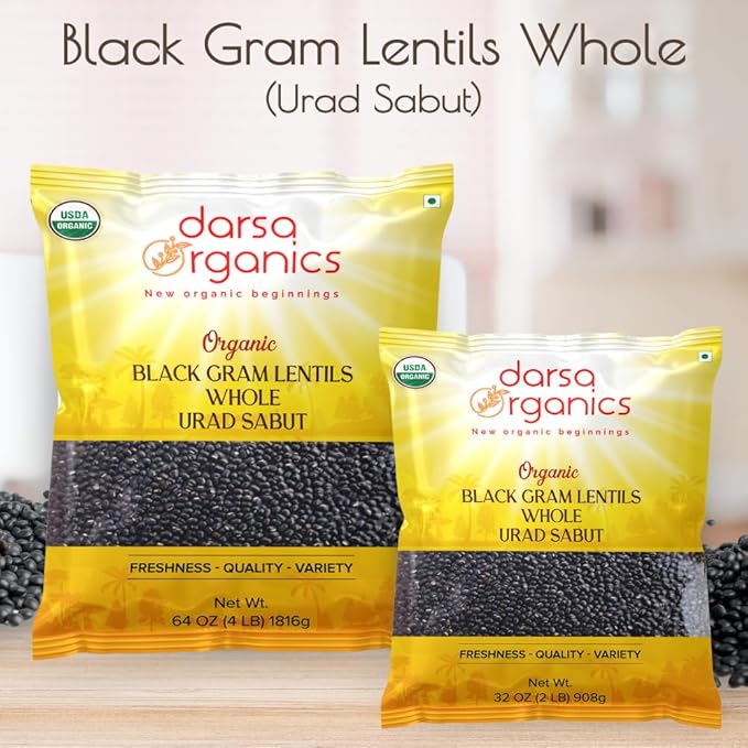 Darsa Organics Urad Whole Dal (Matpe Beans with Skin) 2lb, | USDA Organic, Non-GMO, Gluten-Free Dried Lentils, Kosher | Rich in Protein & Fiber