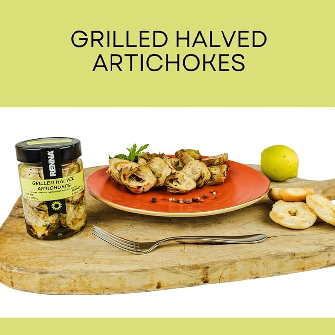 Renna, Grilled Roasted Halved Artichokes preserved in oil, 10.58 oz, Heart, Mediterranean flavor, Specialty Imported Food, Product of Italy