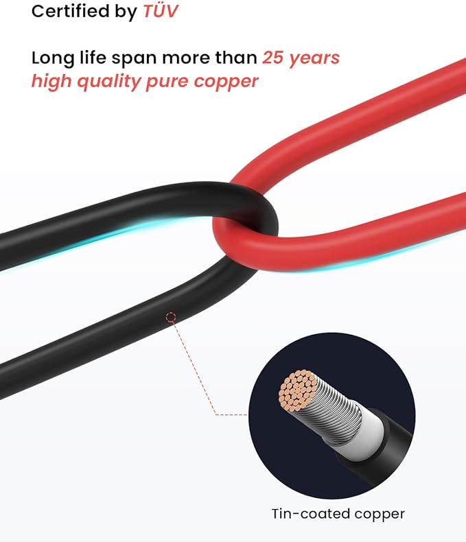 BougeRV 10 Feet 12AWG Solar Extension Cable with Female and Male Connector with Extra Pair of Connectors Solar Panel Adaptor Kit Tool (10FT Red + 10FT Black)