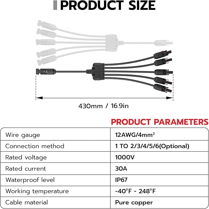 1 Pair Solar Connectors Y Branch,1 to 5 Solar Parallel Connector for Solar Panels,30A 1000V Solar Panel Splitter for Solar Cable