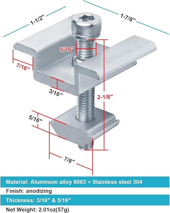 12 Pack Solar Panel Mid Clamps, PV Panel Bracket, Aluminum Support Mounting Kit for 5/8" - 1-7/8" Thick Solar Panel Frame