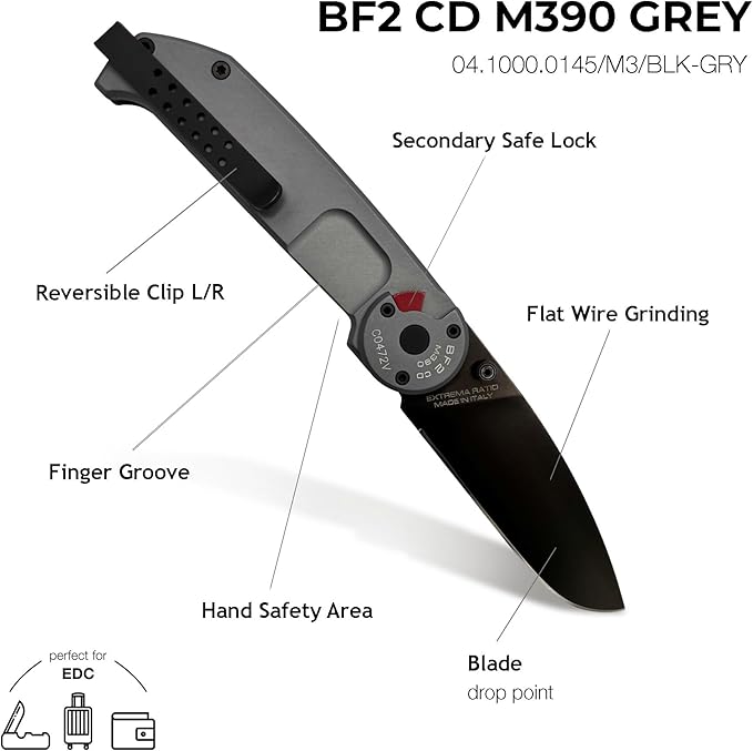 Extrema Ratio - BF2 CD M390 (Grey) Folding Knife, M390 steel blade 60 HRC, grey satin finish, anodized aluminum handle, reversible clip, ergonomic design, Italian craftsmanship, durable folding knife