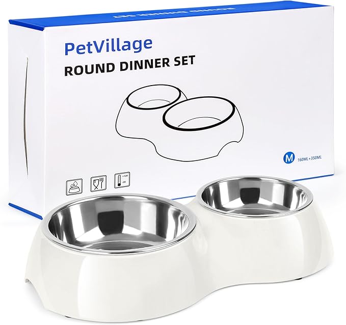 Double Dog Bowls Set ??Non-Slip Pet Food & Water Dishes with Resin Stand, Includes Small (1 Cup) & Medium (2 Cups) Bowls ??Ideal for Puppies, Cats, and Medium Dogs ??White