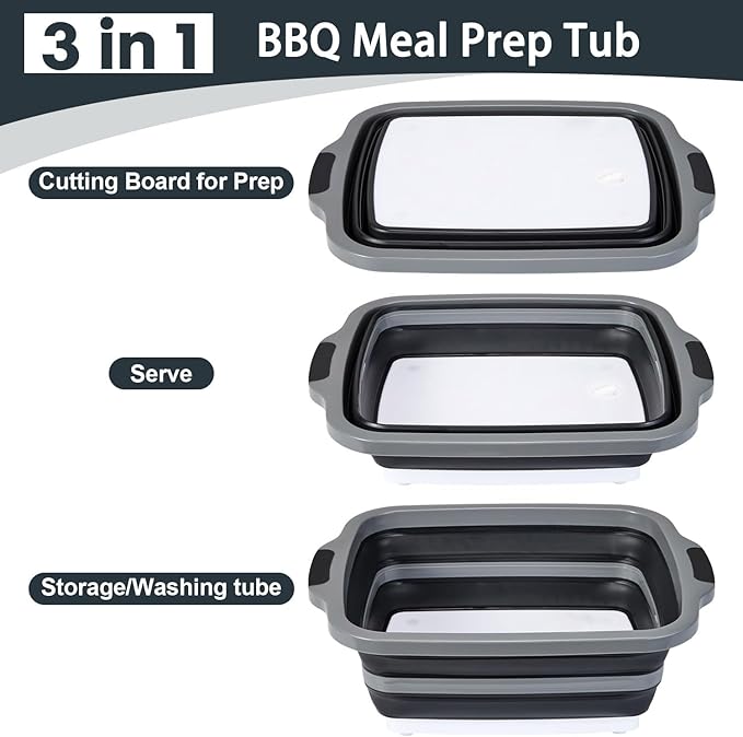 Collapsible BBQ Prep Tubs with Lids, Grill Cutting Board, Camping Sink with Drainage Hole for Meal Prep, Fruit Wash and Food Storage, Marinating Container, 30L Black Tub 24"