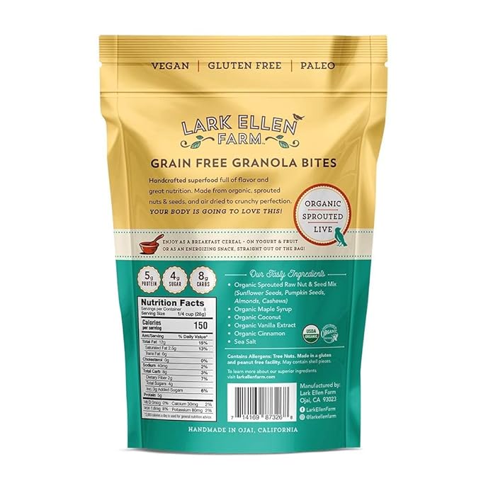 Lark Ellen Farm Vanilla Cinnamon Granola Clusters: Raw, Organic, Vegan. Low Carb, Paleo. Gluten-Free Bites. Healthy Snack, Healthy Breakfast, Cereal or Yogurt 8 oz, 6 Pack