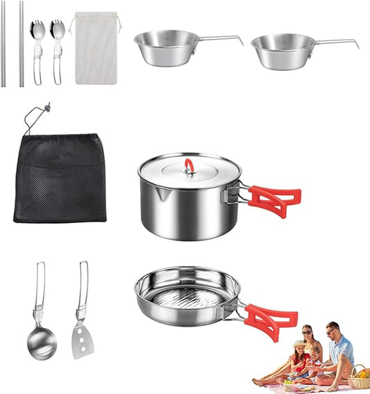Camping Cooking Set | Stainless Steel Survival Gear with Utensil - Camping Cookware Kit with Carrying Bag,for Kitchen Backyard Picnic Hiking Fishing Backpacking Travel
