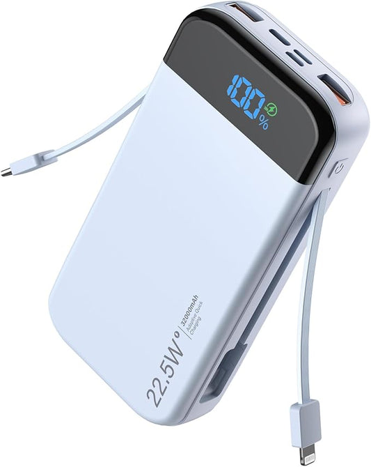 Portable Charger Power Bank 32000mAh with Built in Cables, PD3.0 USB C Fast Phone Charger, 5 Outputs LCD Display Travel Battery Pack Compatible with iPhone, Samsung All Cell Phones (Blue)