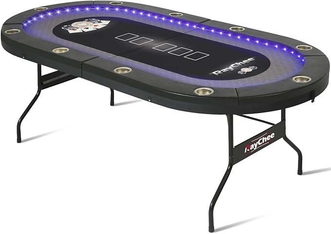 LED Poker Table, 84" 10 Player Foldable Texas Holdem Table w/Inlaid LED Light, 2 USB & 2 Type-c Ports, Portable Blackjac for Texas Card Game w/Cup Holders and Padded Rails (Black)
