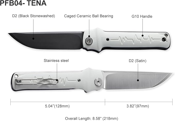 Petrified fish PFB04 Tena Folding Knife, 3.82" D2 Black Stonewashed Blade Carbon Fiber Handle Pocket Knife for EDC Camping Outdoor (Carbon Fiber Black Stonewashed)