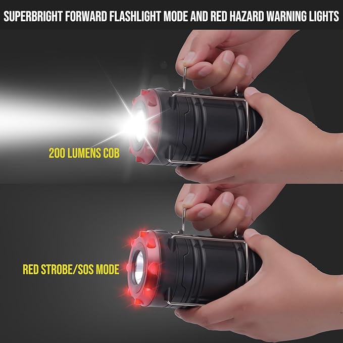 Lichamp Collapsible 2-Pack Camping Lanterns, 300LM COB Light & 150LM Flashlight with Red Strobe/SOS, Magnetic Base, Battery-Powered for Hiking, Power Outages and Emergency
