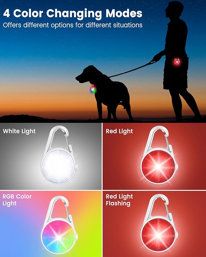 2 Pack Dog Collar Light, Rechargeable Dog Lights for Night Walking Clip On, 4 Modes Waterproof LED Collar Charm for Nighttime Running, Cycling, Pet Camping Essentials (White)