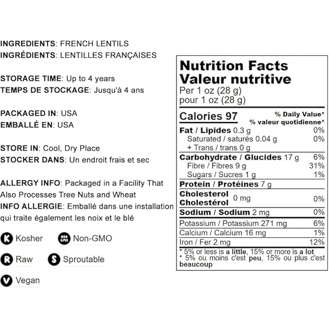 Food to Live French Green Lentils, 20 Pounds ??Whole Dry Beans, Raw, Sproutable, Vegan, Kosher, Bulk. Deep Peppery Flavor. Rich in Plant-Based Protein. Great Base for Soups, Chili, and Curries