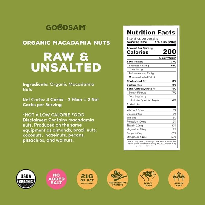 goodSAM Organic Raw Macadamia Nuts ??Unsalted, Whole Nuts ??Buttery Creamy Flavor ??Sustainably Grown on Regenerative Family Farms ??High Fat Low Carb Keto Friendly Snacks - 0.5lb Pouch