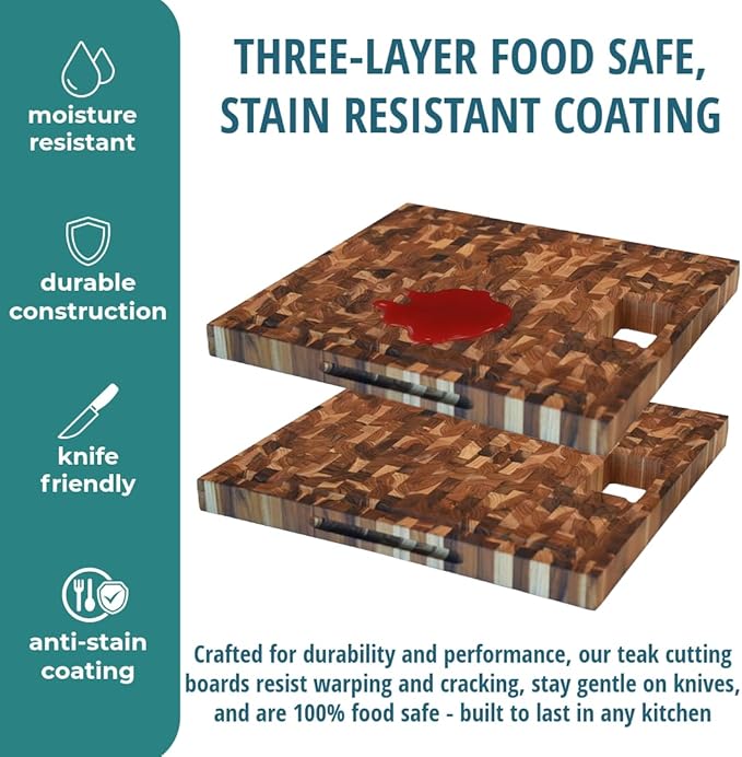 EcoDecors, Teak End Grain Cutting Board 17"x18", FSC Teakwood Butcher Block with Juice Groove, Waste Chute & Handles, Solid Wood Cutting Board for Kitchen, Carving & Stove-Top Prep