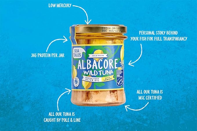 Sea Tales Albacore Fillets in Extra Virgin Olive Oil with Lemon in Jar - 100% Pole & Line Wild Sustainably Caught - High Protein Food - Keto Friendly - 7 oz. Jars (Pack of 6)