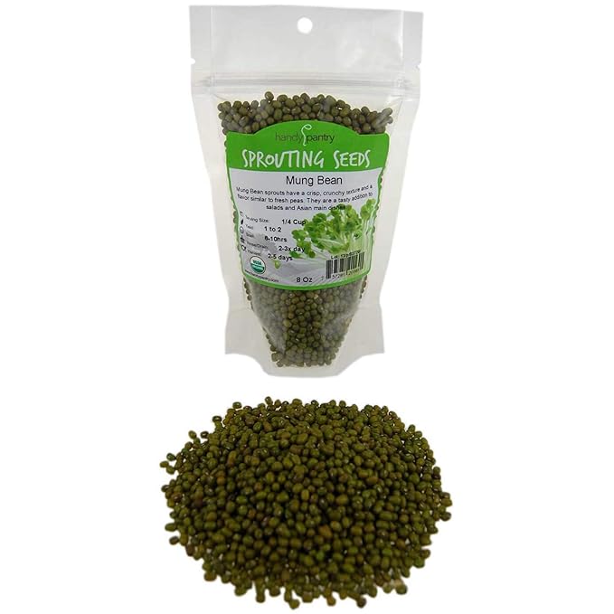 Mung Bean Sprouting Seed: 8 Oz - Organic, Non-GMO - Handy Pantry Brand - Dried Mung Beans for Sprouts, Garden Planting, Chinese & Asian Cooking, Soup & More