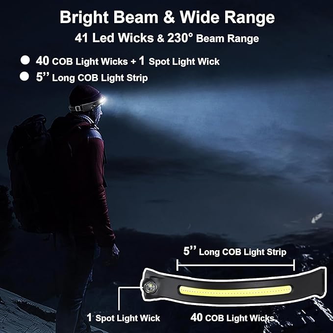 Rechargeable Headlamps 4 Packs, 230° Wide Beam LED Headlamp, Powerful Headlight with Motion Sensor for Adults, 5 Modes, Head Lights for Forehead, COB, Head Lamp for Running Outdoor Camping