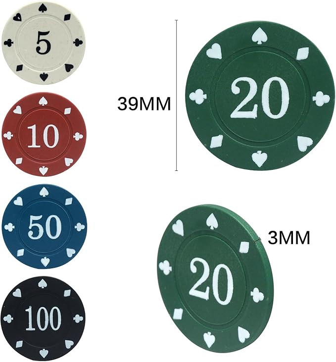 100PCS Poker Chip Set with Portable Storage Bag Professional Grade Casino Style 5 Colours for Texas Holdem Blackjack Poker Night Party (Large Denomination)