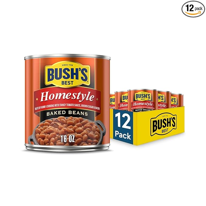 BUSH'S BEST 16 oz Canned Homestyle Baked Beans, Source of Plant Based Protein and Fiber, Low Fat, Gluten Free, (Pack of 12)