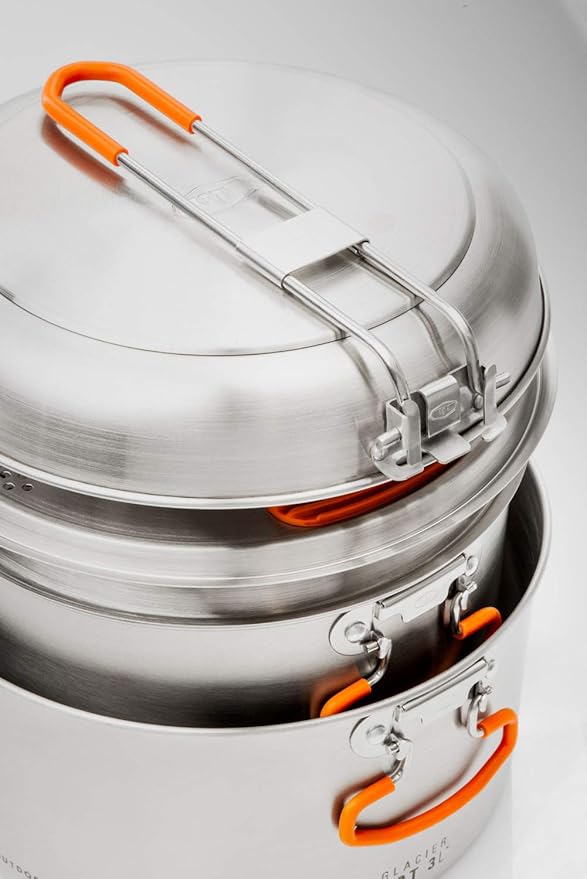 GSI Outdoors Glacier Stainless Steel Base Camper - Medium - 3 Pieces Cookset - Compact, & Durable Pot Pan for Camping