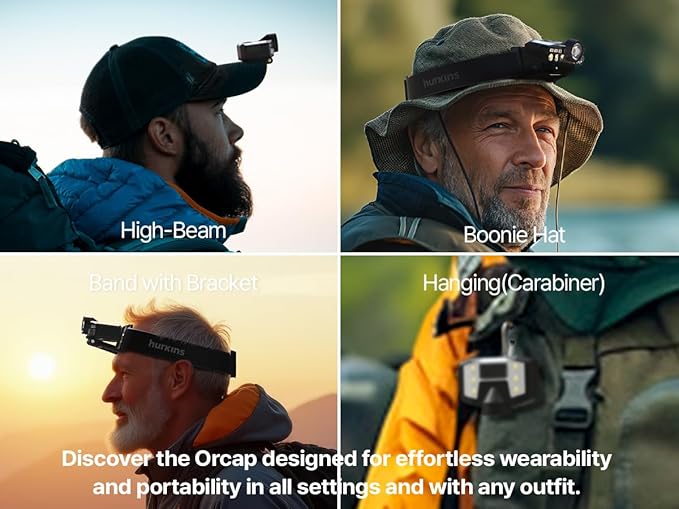 Orcap 2025 Edition ??120° Wide Beam Headlamp & Cap Light, 1000 Lumens, 4 Light Modes (White & Red), USB-C Rechargeable, IPX5 Waterproof, Lightweight LED for Camping, Work, Running