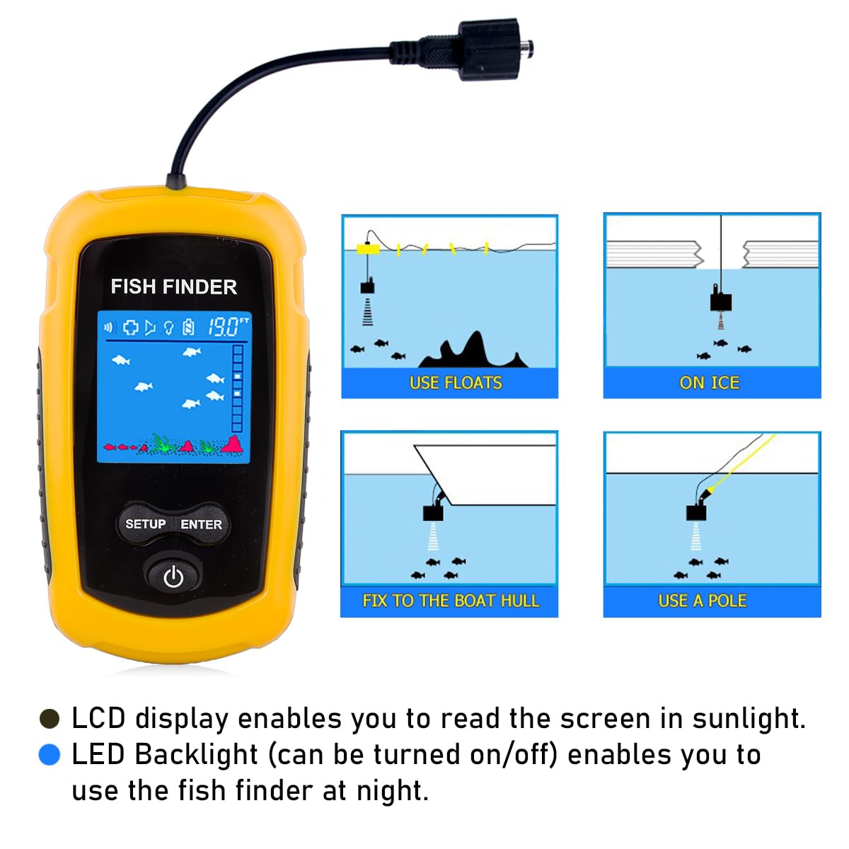 Portable Wired Fish Finder Ice Kayak Fishing Gear Depth Finder with LCD Display Sonar Transducer