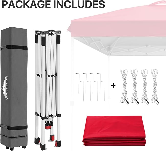 EAGLE PEAK Pop Up Canopy Tent with Wheeled Carry Bag, 8 Stakes, 4 Ropes, Easy Set Up Tent Canopy, 8x8 ft, Red