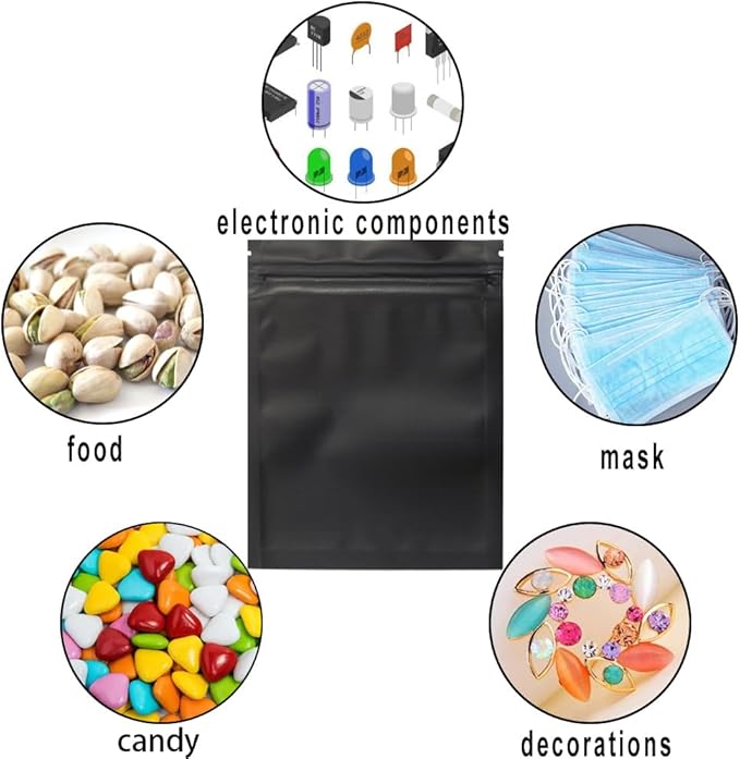 100 Pack Mylar Bags 6.3 x 9.4 Inches Resealable Smell Proof Bags for Storage Foil Pouch Bags Matte Black