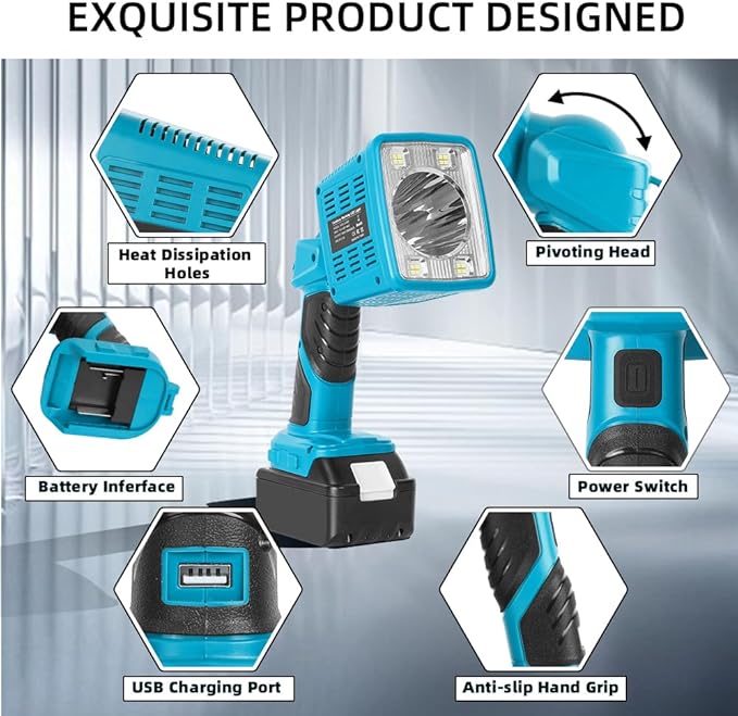 16W Cordless LED Flashlight for Makita 18V Lithium-ion Battery, 1600LM Handheld Work Light with USB Charger Port for Camping, Fishing, Car Repairing, Job Site, Emergency