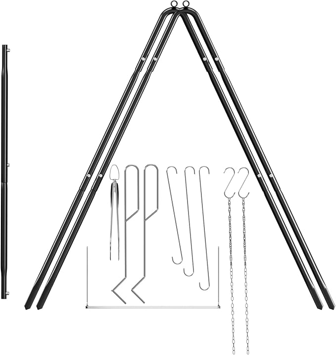 Grill Swing Campfire Cooking Stand with Stainless Steel Grill Grate for Cookware & Dutch Oven, Portable Cookware Hanging Rack, Outdoor Camping Bonfire with Adjustable Collapsible Legs with Hooks