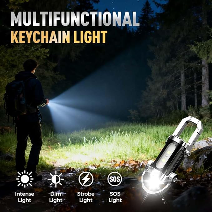 Portable Rechargeable Keychain Flashlights, Multifunction Waterproof Keychain Flashlight with 7 Light Modes, Mini Compact Pocket COB Light for Night Working, Running, Walking, Camping, Fishing, Hiking
