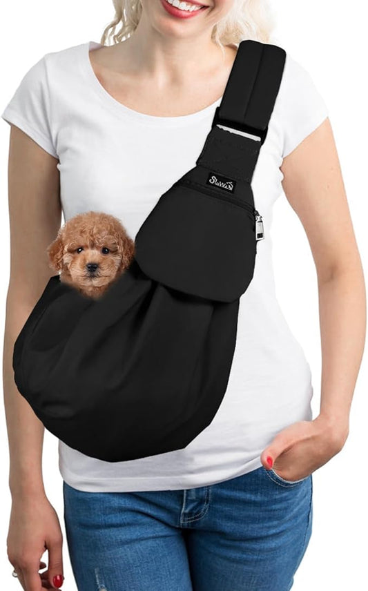 SlowTon Dog Carrier Sling - Thick Padded Shoulder Strap Adjustable Dog Carriers for Small Dogs, Puppy Carrier Purse for Pet Cat with Front Zipper Pocket Safety Belt Machine Washable (BN, XS)