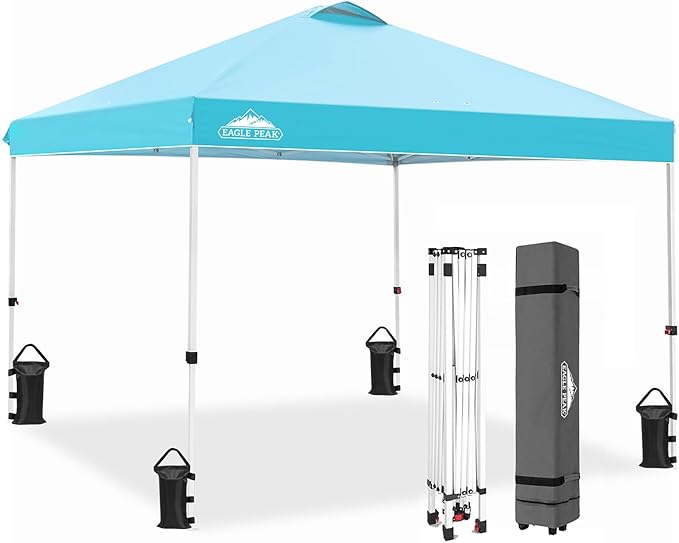 EAGLE PEAK Pop Up Canopy Tent with Wheeled Carry Bag, 8 Stakes, 4 Ropes, 4 Weight Bags, Easy Set Up Tent Canopy, 10x10 ft, 100sqft of Shade, Light Blue