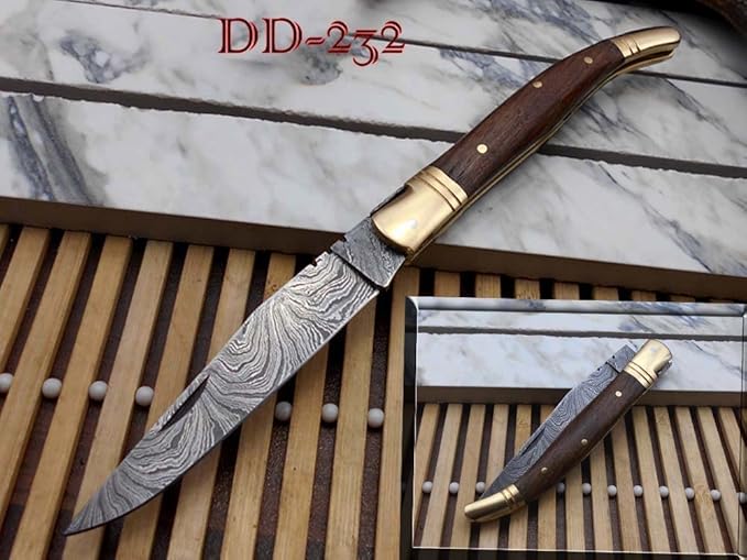 Laguiole Folding Damascus Steel Knife, 8.5" Long with 4" Hand Forged Twist patren Blade. Rose Wood & Brass Bolster Scale. Cow Hide Leather Sheath Included (Brown)
