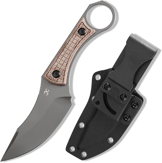 KANSEPT Niko Fixed blade Knife with Sheath, 3.54'' Grey TiCn Coated D2 Blade and Brown Micarta with Frag Pattern Handle, Adjustable Kydex Sheath for EDC, Fixed Knifes for Camping Hiking Fishing G004A8