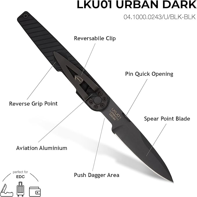 Extrema Ratio - LKU01 (Urban Dark), Böhler N690 Steel Blade 58 HRC, Black Burnished Finish, Smooth Aluminum Handle, Compact Design, Italian Craftsmanship