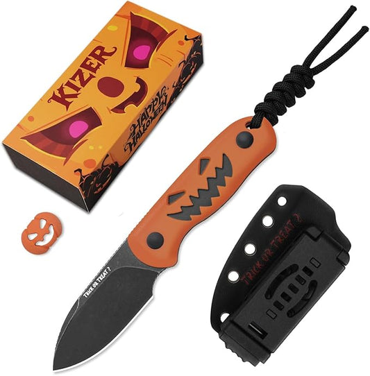 Kizer Drop Bear Fixed Blade Knife, 2.57" 14C28N Blade Halloween EDC Camping Knife with Orange & Black G10 Handle, Small Hunting Knives with Adjustable Kydex Sheath, Compact Survival Knives, 1094HW1