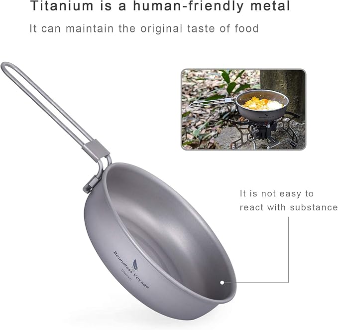 Boundless Voyage Titanium Frying Pan with Folding Handle Ultra-light for Camping Picnic Skillet Griddle Tableware Cookware A-Ti2061C