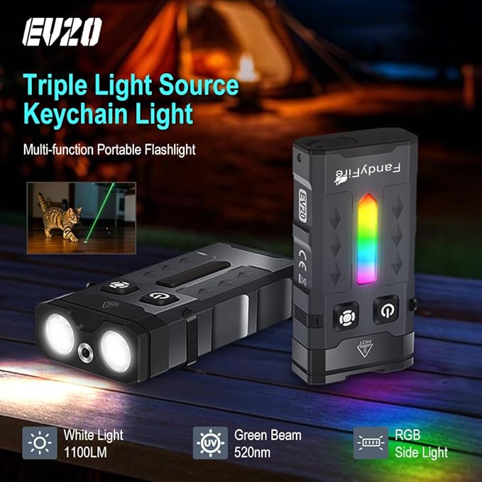 1100 Lumen Small EDC Keychain Flashlight with Green Beam - Rechargeable RGB LED Clip on Flashlight, Multi-Functional and Magnetic Tail Suitable for Outdoor Emergency Gear