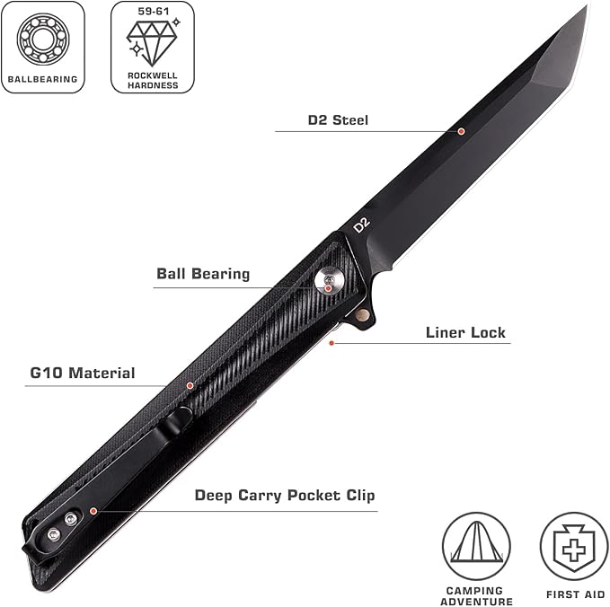Tactical Folding Pocket Knife GD22K, 3.6" Black PVD Tanto Blade Flip Open with Durable G10 Handle,Men Women Everyday Carry EDC,Sharp Camping Hiking Daily Work Knives