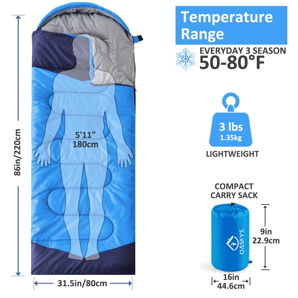 oaskys Camping Sleeping Bag - 3 Season Warm & Cool Weather - Summer Spring Fall Lightweight