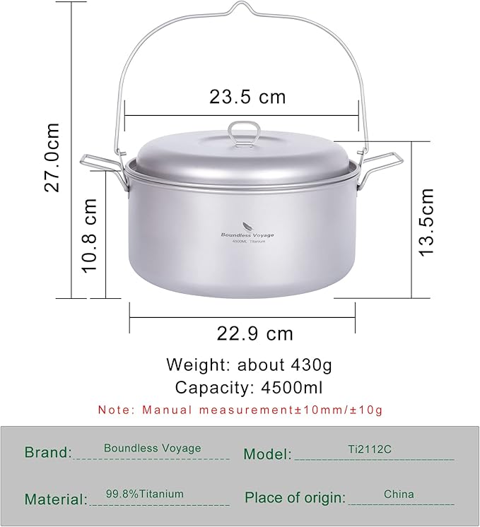 Boundless Voyage Titanium 4.5L Hanging Pot with Steaming Rack Folding Handle Outdoor Camping Cooking Stockpot Steamer Set