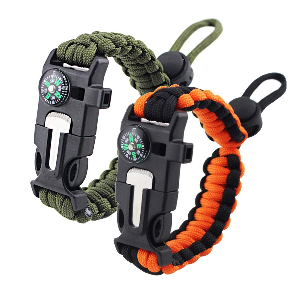 ZHIYE Pimoys 2 Pack Survival Paracord Bracelet Flint Fire Starter Scraper Compass Wilderness