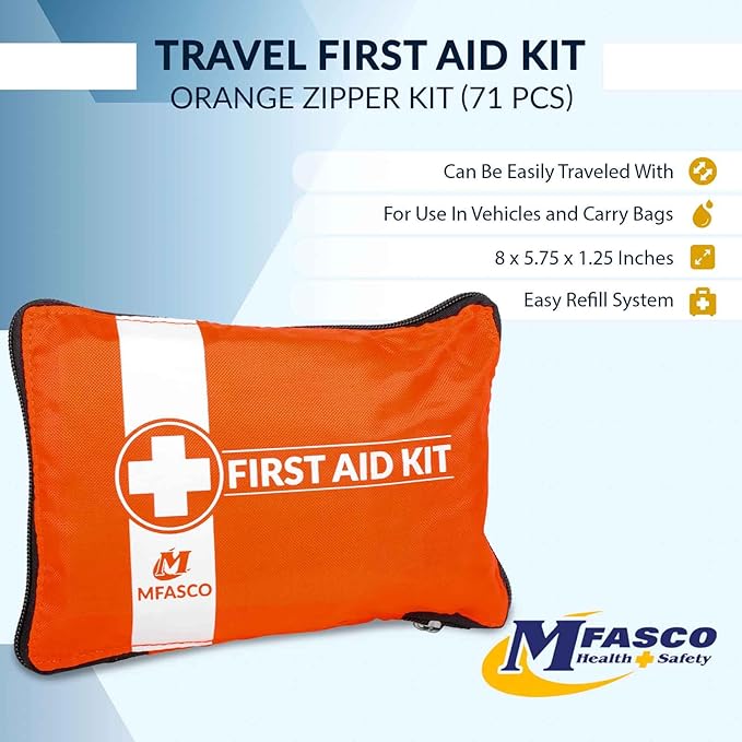 MFASCO First Aid Kit for Home, RV, Automotive - Compact Orange Pouch with Organizers for Small Travel, Backpacking, Cars, Motorcycle, Basic Supplies, Measures 8 x 5 3/4 x 1 1/4 inches, 70 Pieces