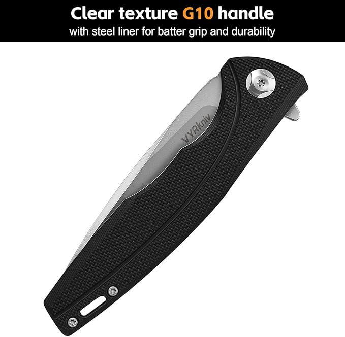 Pocket EDC Knife V903, 3.2" D2 Steel Blade Black G10 Handle Folding Knife with Pocket Clip for Men Women Camping Survival Hiking Outdoors (Black)