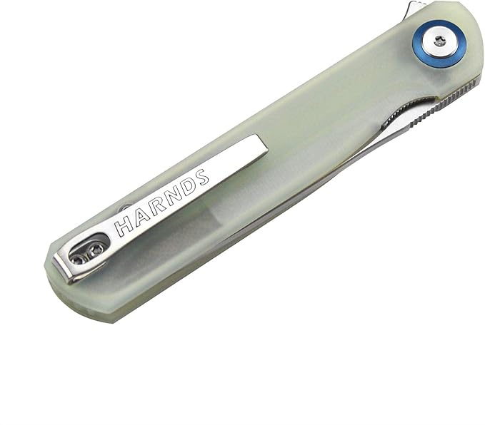 Wind Pocket Knife Flipper Sandvik Steel G10 Handle Folding Knife Ball Bearing with 2-Position Clip for Camping Survival and EDC (Transparent Cyan)