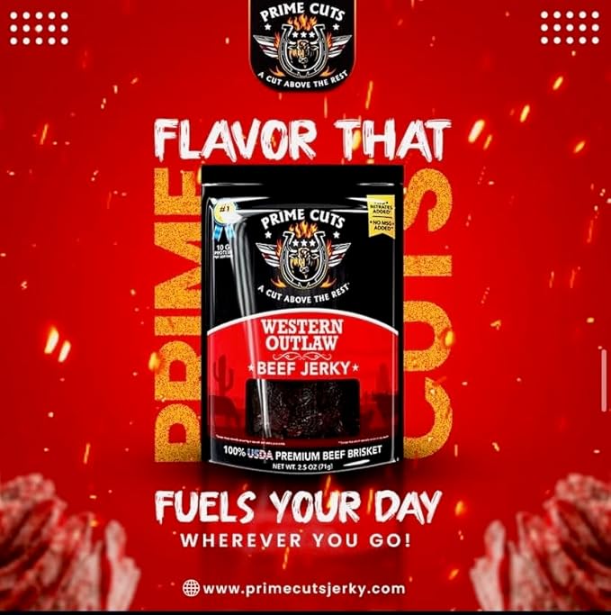 Prime Cuts Western Outlaw Beef Jerky | USDA Prime Brisket | Smoky Cowboy-Style Flavor | High-Protein, Low-Fat Snack | Crafted for Adventure | Authentic Taste of the American Frontier
