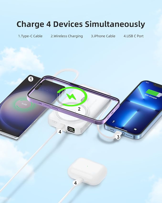 for Magsafe Battery Pack 10000mAh Magnetic Power Bank, 22.5W PD 3.0+QC 4.0 Super Charging Wireless Portable Charger, Built-in Cables &AC Wall Plug &Stand &LED Display for iPhone 17/16/15/14/13 Series