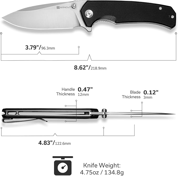 SENCUT Skarnax Pocket Knife for Men, Folding Knife with 3.79" 9Cr18MoV Blade & G10 Handle, Lightweight Everyday Carry, Camping, Hunting, Outdoor (Black)