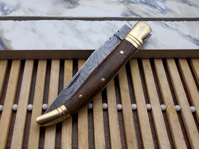 Laguiole Folding Damascus Steel Knife, 8.5" Long with 4" Hand Forged Twist patren Blade. Rose Wood & Brass Bolster Scale. Cow Hide Leather Sheath Included (Brown)